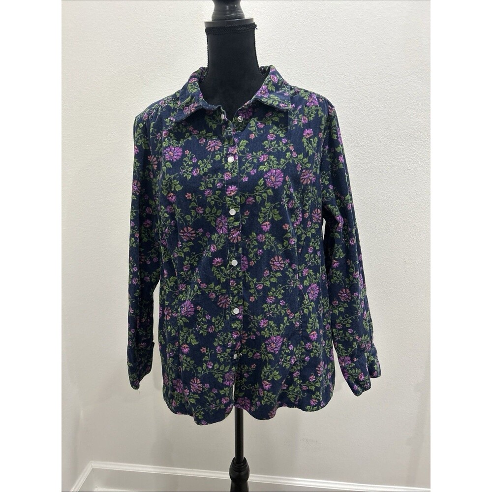 Basic Editions Womens 2X Shirt Blue Floral Snap Corduroy Collar Long Sleeve